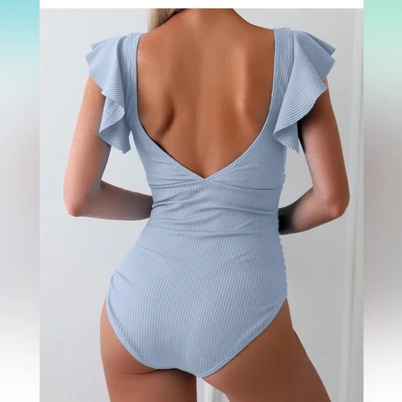 Blue One Piece Cut-out Bathing Suit Tummy Control Flutter Sleeves - Picture 2 of 2